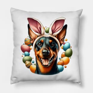 German Pinscher Celebrates Easter with Bunny Ears Pillow