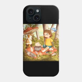 Little girl at forest with forest animals and cat Phone Case