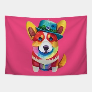 Colorful Corgi in a Hat Tapestry