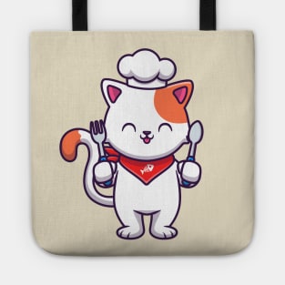Cute Cat Chef Holding Fork And Spoon Tote