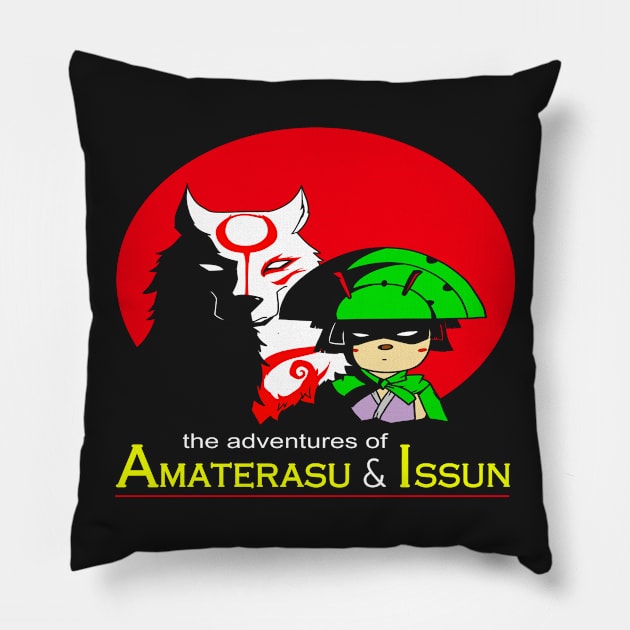 Adventures of Amaterasu & Issun Pillow by sullyink