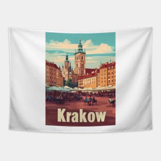 People enjoy their time at outdoor tables in Krakows market square, surrounded by elegant historic architecture on a sunny day. The lively Tapestry