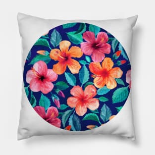 Colorful Watercolor Hibiscus on Indigo Blue Pillow