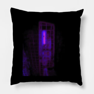 Digital collage and special processing. Bizarre. Room of suffering. Blue and violet, neon and glow. Pillow