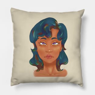 Pretty Glowing Girl With Colorful Green Hair and Colorful Eyes Pillow