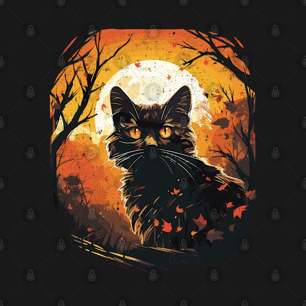 Retro Vintage Style Halloween Black Cat, Autumn Moon by RuftupDesigns