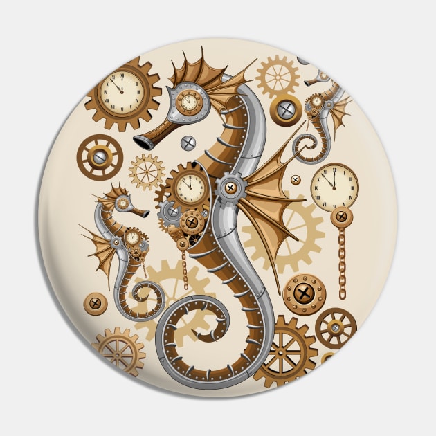 Steampunk Seahorse Vintage Surreal Art Pin by BluedarkArt