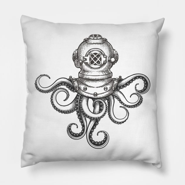 Octopus in Diving Helmet Pillow by devaleta