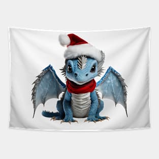 Realistic Artwork of a Cute Blue Baby Dragon Wearing a Red Festive Christmas Hat Tapestry