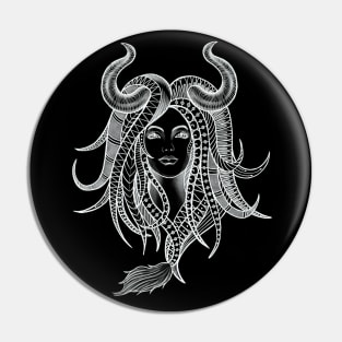 Confident Taurus Woman with Horns and Geometrical Tattoo Design Pin