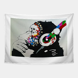 Banksy Monkey with Headphones Tapestry