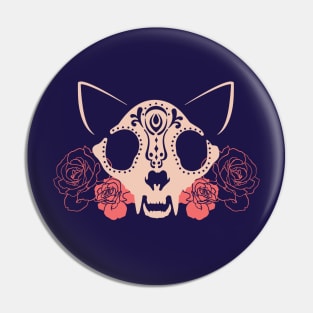 Cat Skull and Flowers Pin