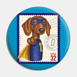 Superhero Doxie in cute blue suit with yellow accessories Pin