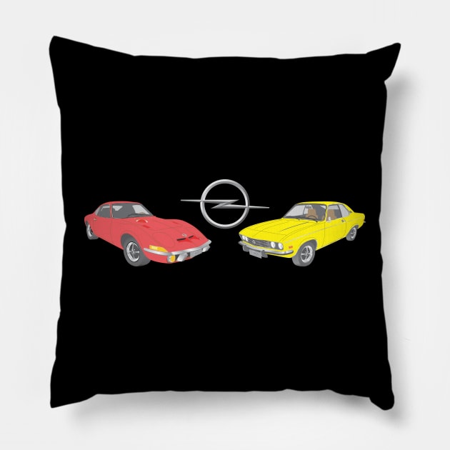 Red Opel GT and Yellow Opel Manta Pillow by Norwood Designs