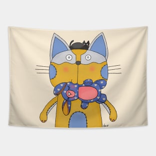 Cat Goof With Stuffed Toy Rabbit with Pet Mini Black Cat Tapestry