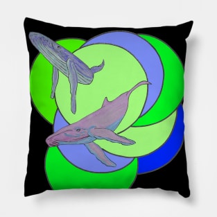 Whale Duo swimming in Colorful Circles Pillow