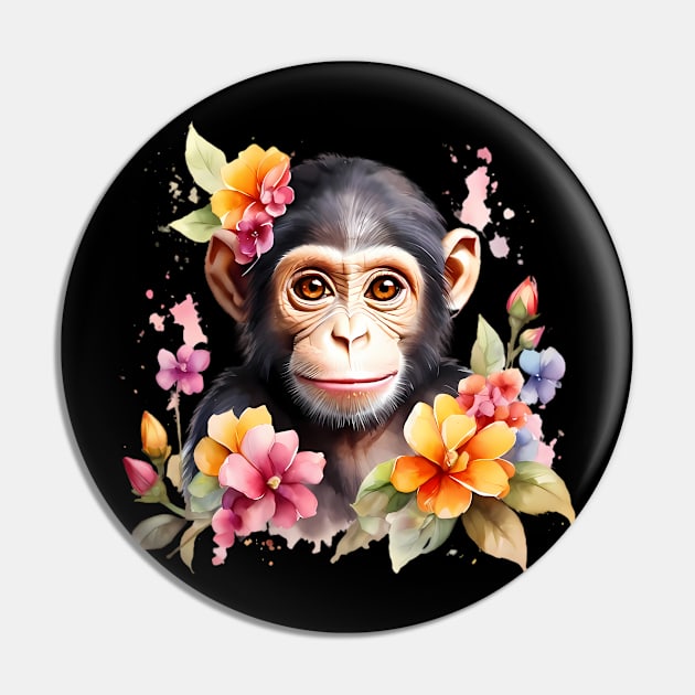 A baby chimpanzee decorated with beautiful watercolor flowers Pin by CreativeSparkzz