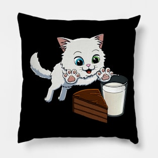 Turkish Angora Cat excited to have Chocolate Cake with Milk Pillow