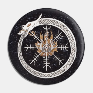 Loki Fire Aspect in the Circle of Jormungandr and the Helm of Awe. Victory and Sacrifice Symbols Pin