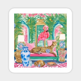 Cheetah and pink flamingo in preppy chinoiserie interior Magnet