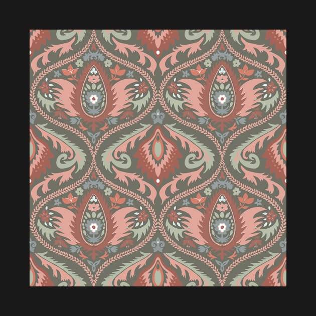 Classic ogee pattern with tendrils rust red and old pink on green by colorofmagic