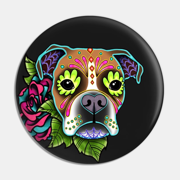 Boxer in White Fawn - Day of the Dead Sugar Skull Dog Pin by prettyinink