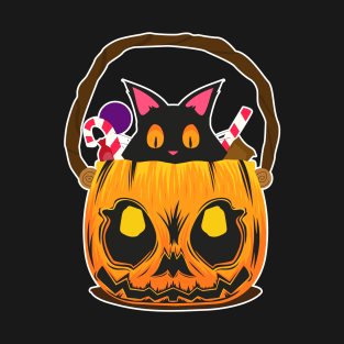 Black cat in malevolent pumpkin full of sweets on Halloween T-Shirt