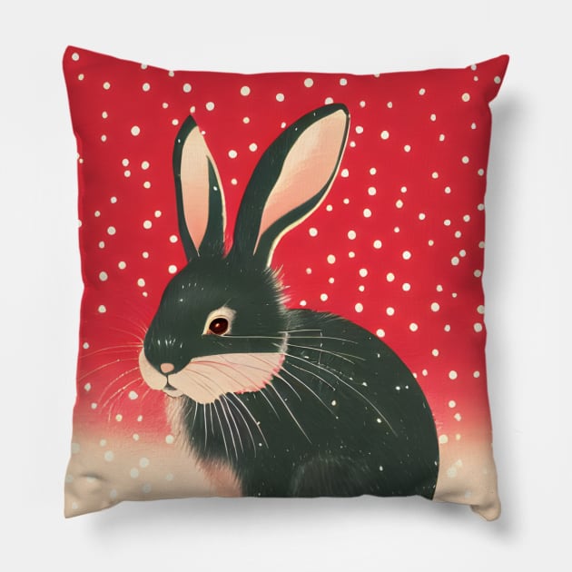 Red Christmas Snow American Black Cute Mini Rex Bunny in Merry Christmas New Year Vibes Pillow by wigobun