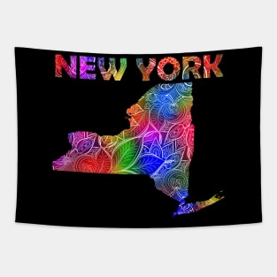 Colorful mandala art map of New York with text in multicolor pattern Tapestry