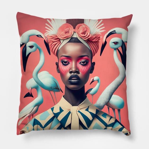 [AI Art] Surrounded by Flamingos Bauhaus Art Style Pillow by Sissely