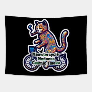 Psychedelic Cat on a Bike Smoking a Cigarette - Meowtorcycle madness Tapestry