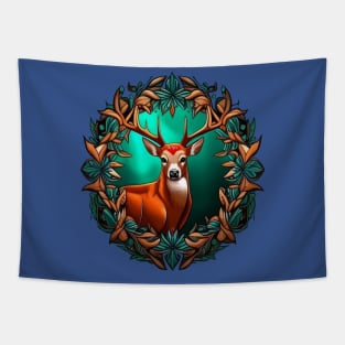 A White Tailed Deer Surrounded By A Wreath Of Mountain Laurel Tattoo Art Tapestry