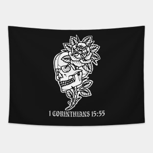 Skull with flowers 1 Corinthians 15:55 Tattoo Flash Tapestry