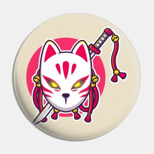 Cute Kitsune With Sword Cartoon Pin