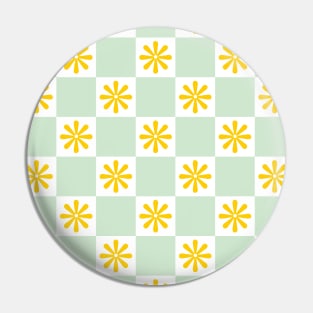 Retro Yellow, Green Checkered Floral Pattern Pin