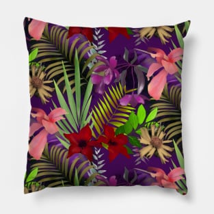 Elegant tropical flowers and leaves pattern purple illustration, pink tropical pattern over a Pillow