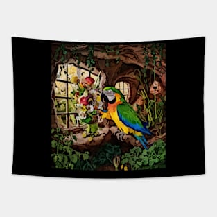 watercolor parrot with garden and mixed flowers Tapestry