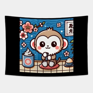 Cute Little Flower Monkey Drinking Tea and Eating Ice Cream Japanese Classic Art Tapestry