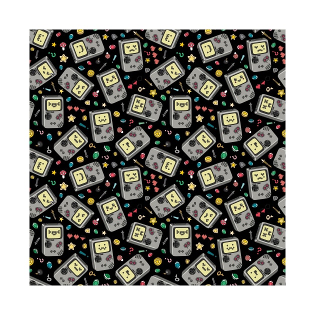 Kawaii Video Game Consoles Emojis 90's Pattern Black by TejaJamilla