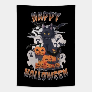 HAPPY HALLOWEEN - BLACK CAT, GHOSTS & PUMPKINS Tapestry