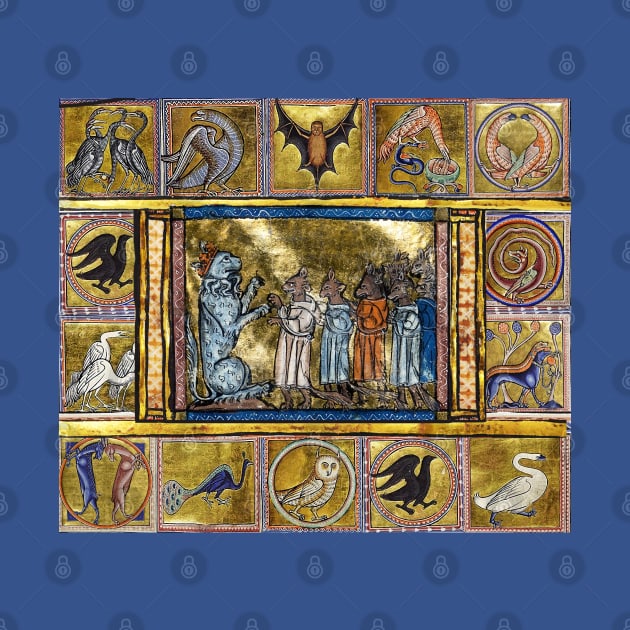 MEDIEVAL BESTIARY,LION KING WITH ANIMALS IN GOLD RED BLUE COLORS by BulganLumini