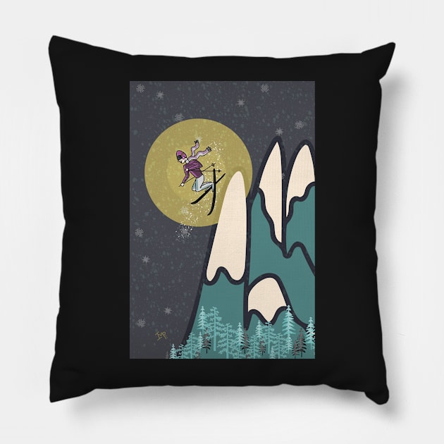 Freestyle woman skier on snowy mountain at night Pillow by Ipoole