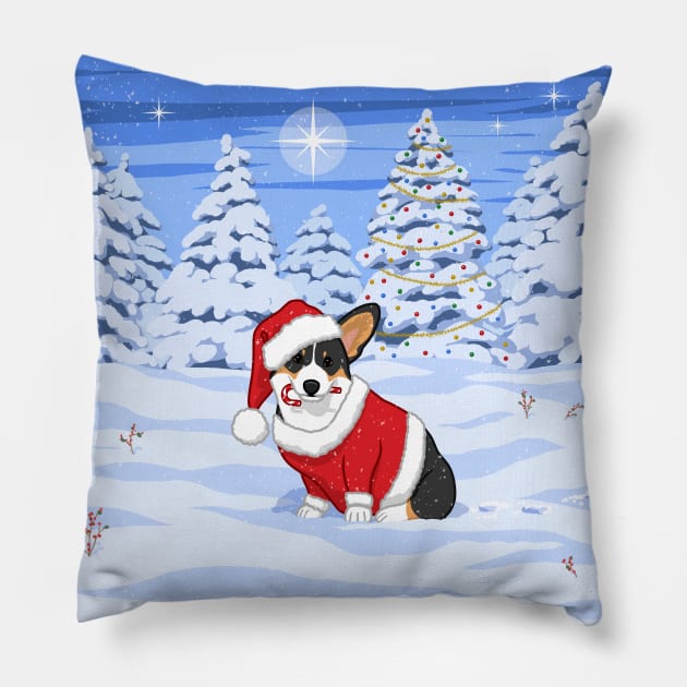 Cute Tricolor Corgi in Santa Christmas Costume Pillow by csforest