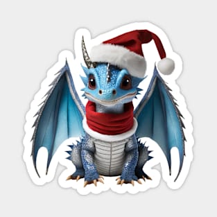 Cute Blue Baby Dragon Wearing a Red Festive Christmas Hat and Scarf Magnet