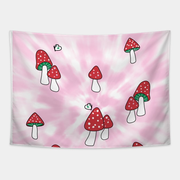 Aesthetic Red Hatted Mushrooms and Butterflies on a Pink Pastel Tie Dye Background Tapestry by YourGoods