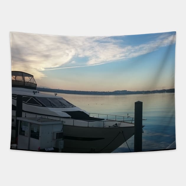 Sunset by the ocean city in USA photography design boat Tapestry by BoogieCreates