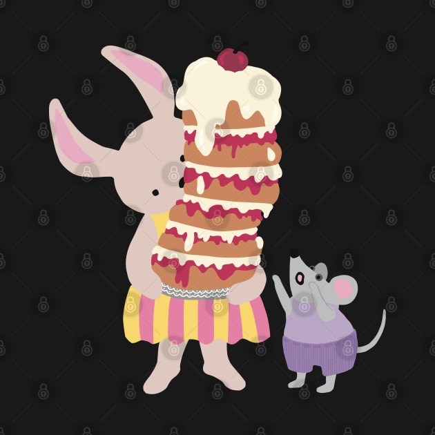 Happy Birthday , greeting card, with a rabbit holding a high cake that almost will fall by marina63