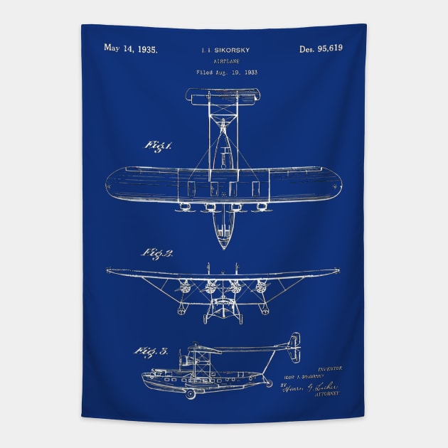 Vintage Sikorsky Plane Blueprint Patent Tapestry by TooplesArt