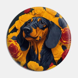 Dogs, dachshund and flowers, dog, style vector (yellow version 2 dachshund) Pin