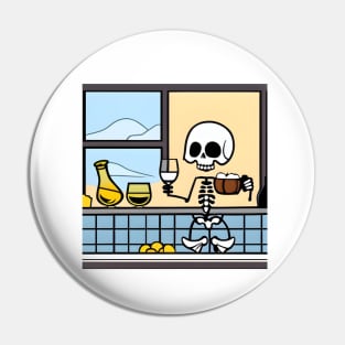 Skeleton drinking wine in house with windows Pin